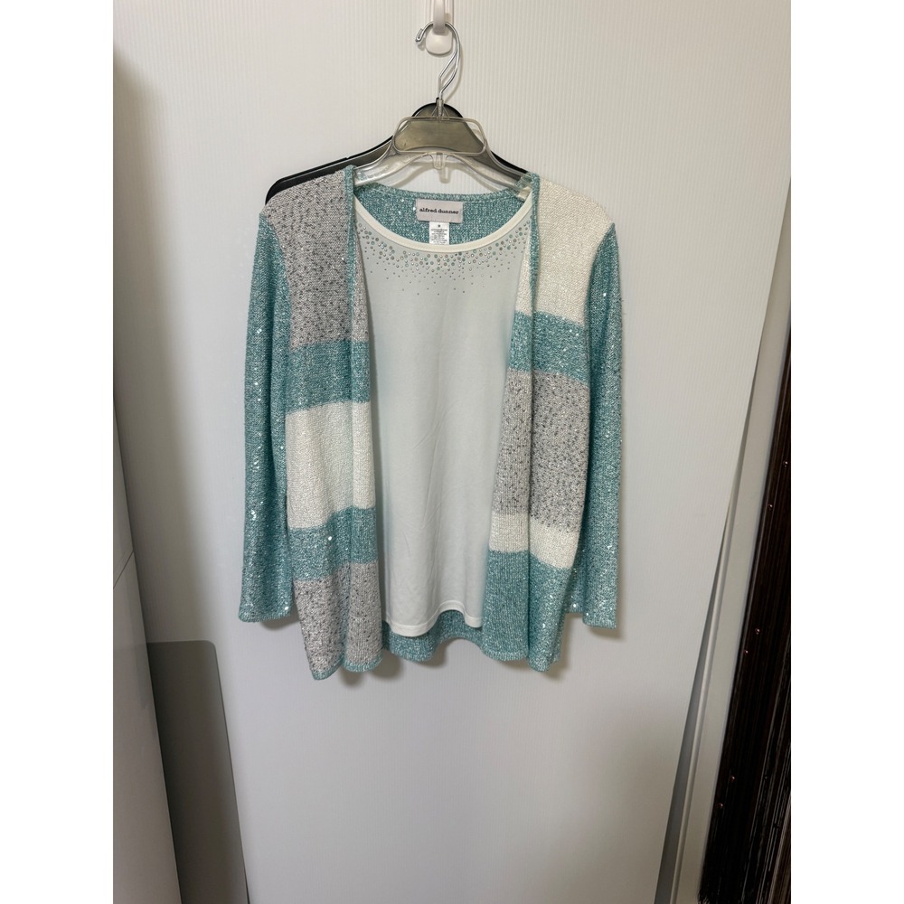 Alfred Dunner W's Aqua Sequin 2 Piece Cardigan and Embellished Tank Set Size M‎ - Picture 2 of 5